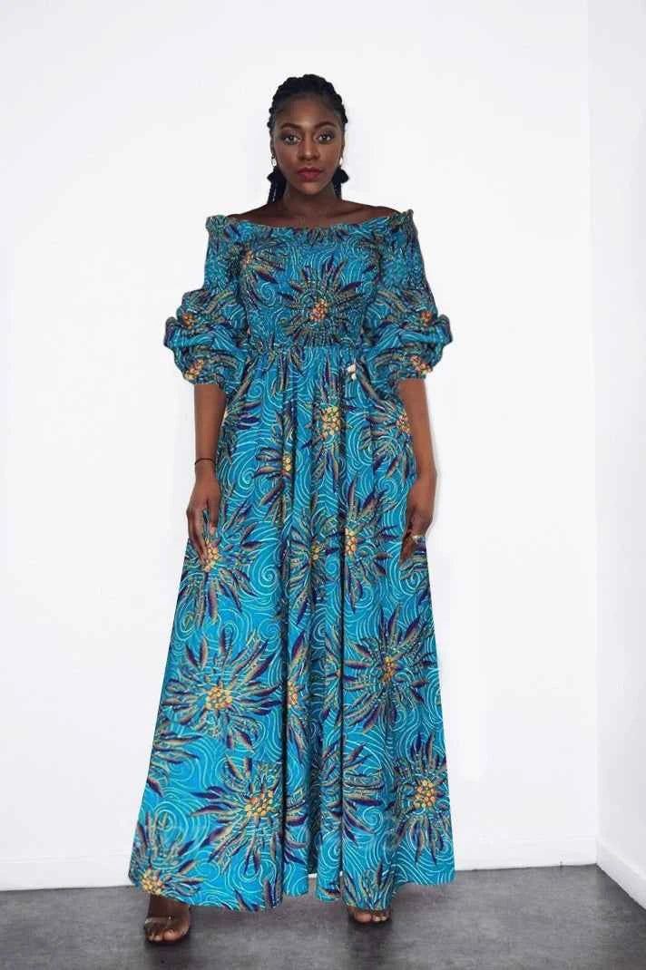 African National Print Party Dress Women Casual Sexy Slash-neck Lady Maxi Dress New Vintage Long-sleeved Loose Elegant Dresses