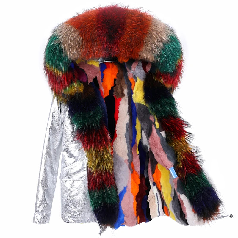 Maomaokong Winter Women Parka Cotton Jacket Real Fur Coat Natural Fox Fur Hooded Rabbit Fur Liner Thick Warm Outerwear Female