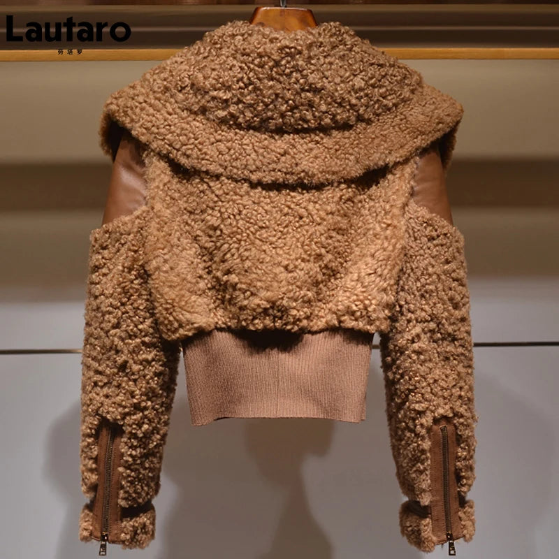 Lautaro Winter Warm Thick Patchwork Faux Fur Coat Women Long Sleeve Zipper Turndown Collar Stylish Fluffy Jacket Fashion 2021