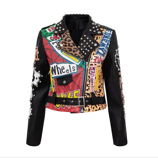 Autumn spring Locomotive graffiti cartoon pu Leather Jacket female Punk Style was thin Motorcyle Jackets Coat with belt F1962 SS69