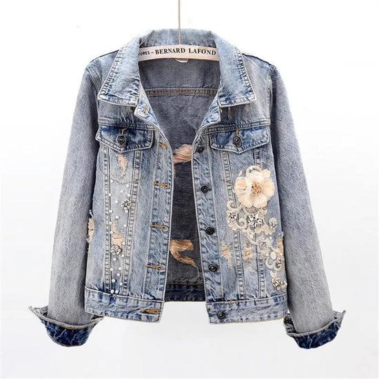 2024 New Autumn Women’s Denim Jacket Long Sleeve Overcoat Loose Three-dimensional Button Pearls Outwear Ripped Jeans Jackets SS69