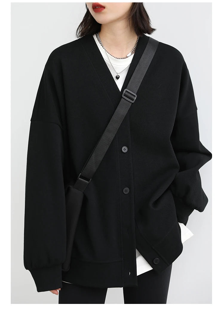 CHIC VEN Korean Autumn Winter Women's Sports Coat Casual Loose V-neck Sweatshirt for Women Thick Warm Tops Office Lady Female