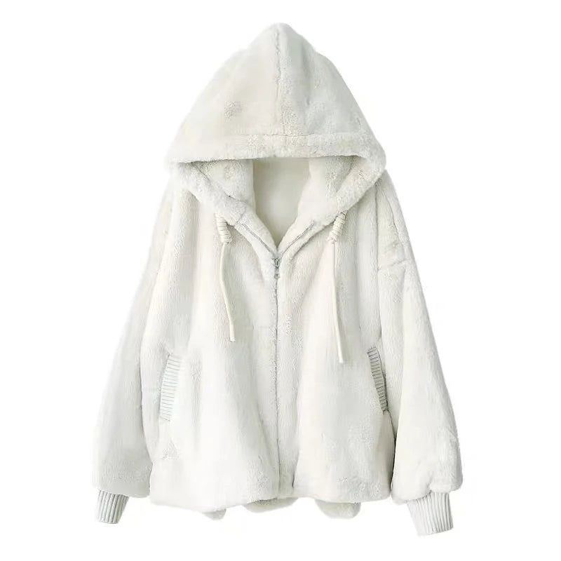 Nerazzurri Winter White Oversized Faux Fur Jacket Women with Hood Raglan Sleeve Zipper Korean Fashion Clothing for Womens 2021