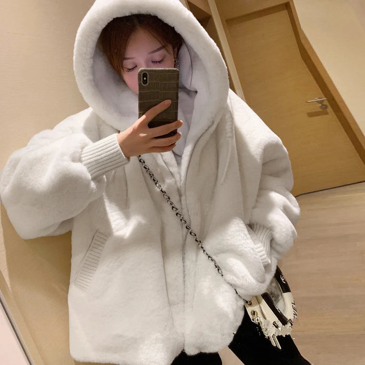 Nerazzurri Winter White Oversized Faux Fur Jacket Women with Hood Raglan Sleeve Zipper Korean Fashion Clothing for Womens 2021