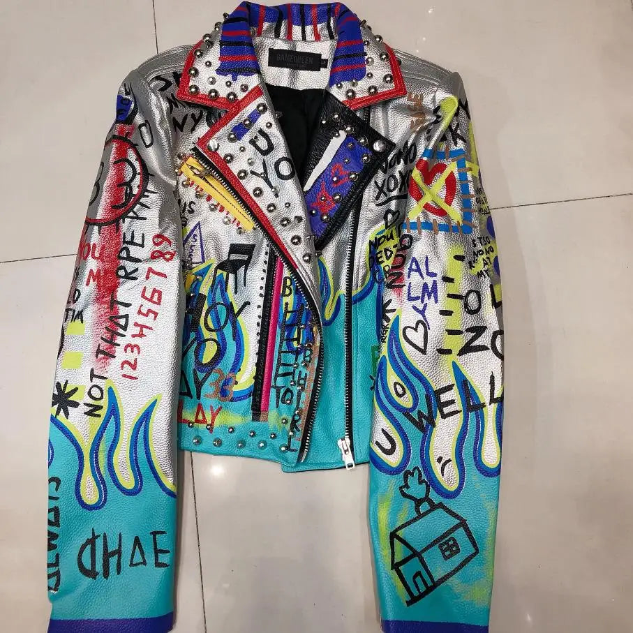 4XL fashion graffiti beading Women pu Leather Jacket Punk Style Motorcyle embrodiery leather Jackets Coats Streetwear F803 SS69
