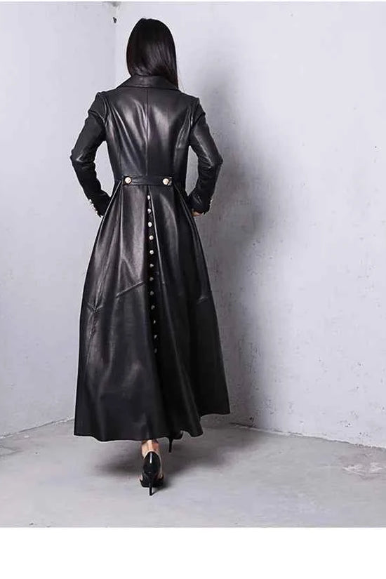 Lautaro Autumn Long Skirted Red Black Faux Leather Trench Coat for Women Double Breasted Elegant Luxury Fashion 4xl 5xl 6xl 7xl