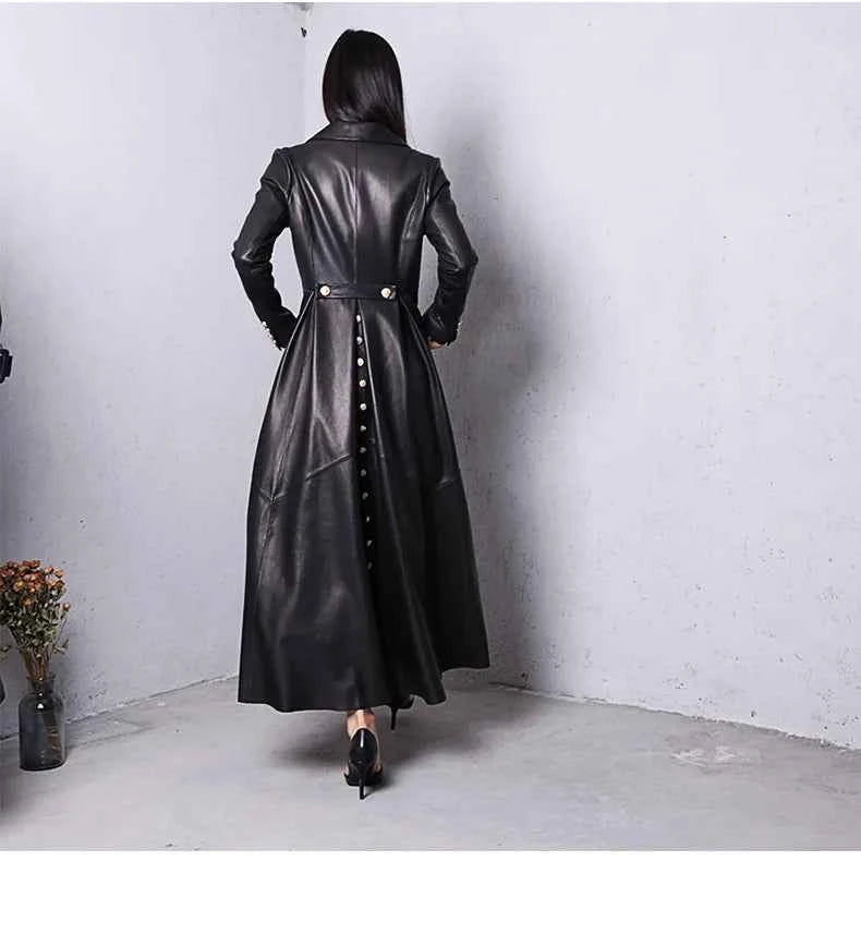 Lautaro Autumn Long Skirted Red Black Faux Leather Trench Coat for Women Double Breasted Elegant Luxury Fashion 4xl 5xl 6xl 7xl