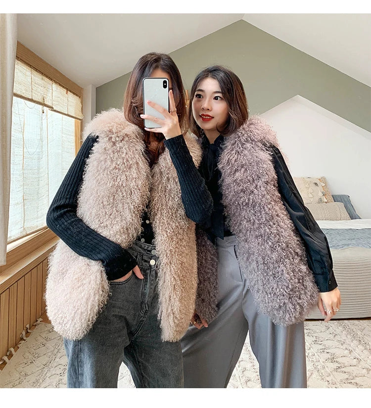 Real Mongolia Sheep Fur Vest - Natural Long Fur Gilet