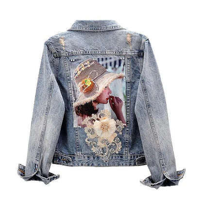 2024 New Autumn Women’s Denim Jacket Long Sleeve Overcoat Loose Three-dimensional Button Pearls Outwear Ripped Jeans Jackets SS69 25.69 Light blue / XL