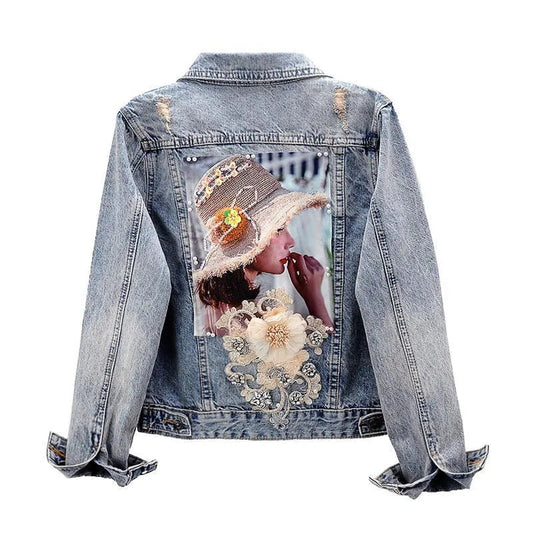 2024 New Autumn Women’s Denim Jacket Long Sleeve Overcoat Loose Three-dimensional Button Pearls Outwear Ripped Jeans Jackets SS69 25.69 Light blue / XL