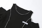 Patchwork Black T-shirts Gothic One Shoulder Sleeve Y2k Crop Tops Ruffles Hem Hip Hop Techwear Women Tees - SS69
