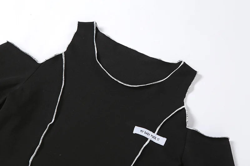 Patchwork Black T-shirts Gothic One Shoulder Sleeve Y2k Crop Tops Ruffles Hem Hip Hop Techwear Women Tees - SS69