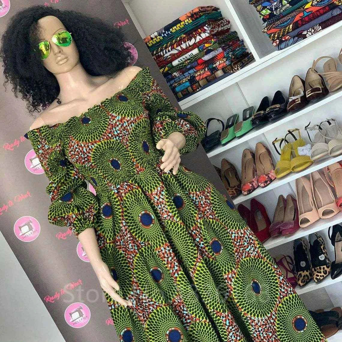 African National Print Party Dress Women Casual Sexy Slash-neck Lady Maxi Dress New Vintage Long-sleeved Loose Elegant Dresses