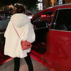 Nerazzurri Winter White Oversized Faux Fur Jacket Women with Hood Raglan Sleeve Zipper Korean Fashion Clothing for Womens 2021