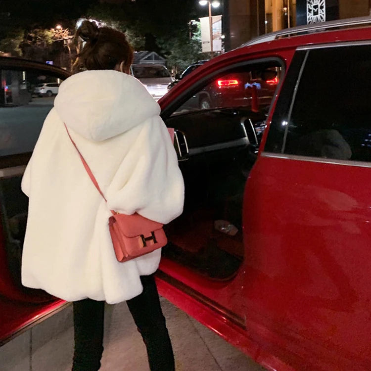 Nerazzurri Winter White Oversized Faux Fur Jacket Women with Hood Raglan Sleeve Zipper Korean Fashion Clothing for Womens 2021