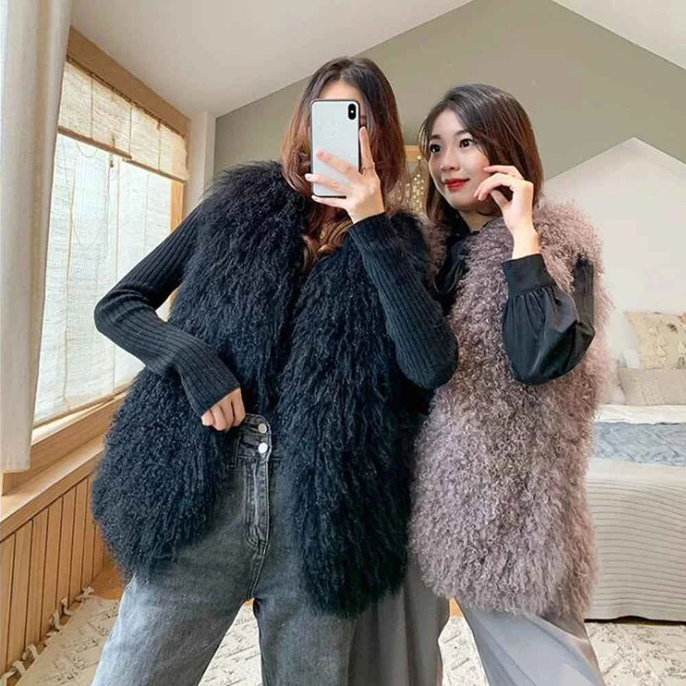 New Real Sheep Fur Vest 100% Natural Mongolia Fur Gilet Pure Long Fur Genuine Fur Oversize Vest ksr801