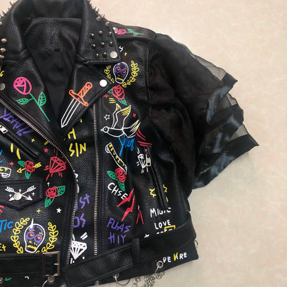 Fashion chain beading leather jacket Locomotive graffiti cartoon pu Leather Jacket female Punk Motorcyle Jacket with belt F2161 SS69