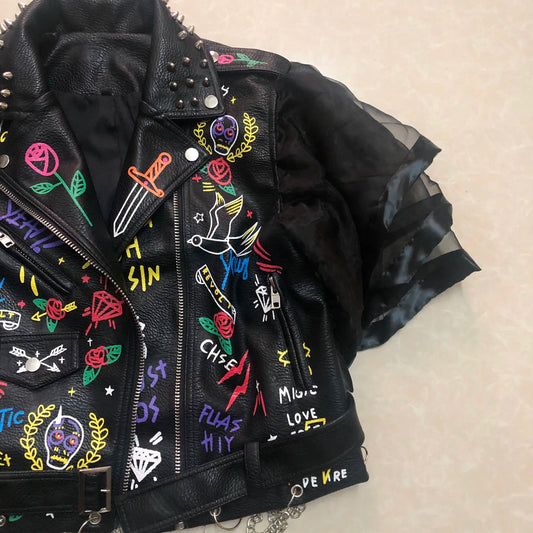 Fashion chain beading leather jacket Locomotive graffiti cartoon pu Leather Jacket female Punk Motorcyle Jacket with belt F2161 SS69