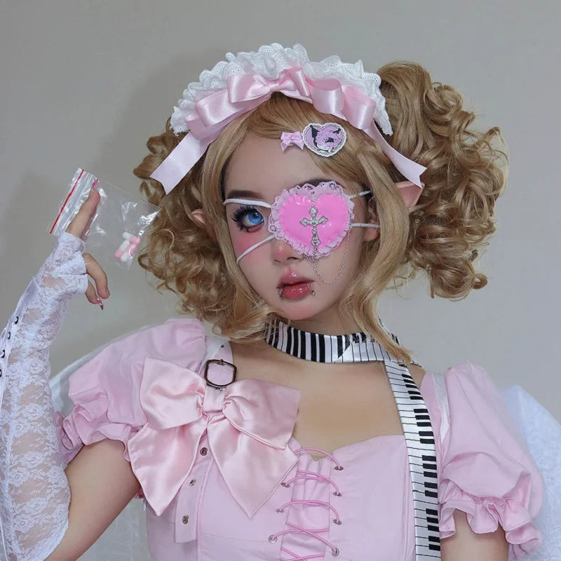 Harajuku Y2k Girls Sweet Pink Cross Lace Eyepatch Japanese Lolita Cosplay Accessory SS69