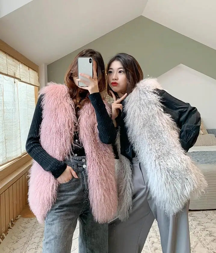 Real Mongolia Sheep Fur Vest - Natural Long Fur Gilet