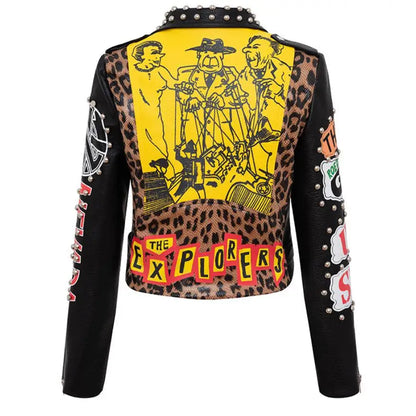 Autumn spring Locomotive graffiti cartoon pu Leather Jacket female Punk Style was thin Motorcyle Jackets Coat with belt F1962 SS69
