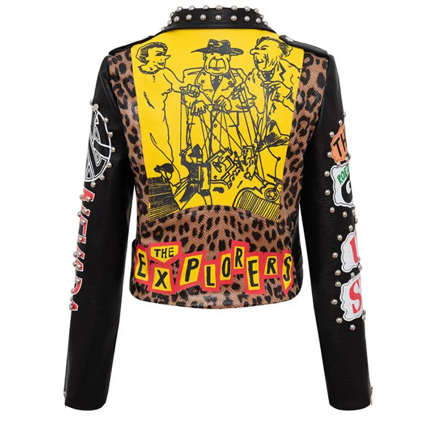 Autumn spring Locomotive graffiti cartoon pu Leather Jacket female Punk Style was thin Motorcyle Jackets Coat with belt F1962 SS69