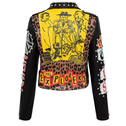 Autumn spring Locomotive graffiti cartoon pu Leather Jacket female Punk Style was thin Motorcyle Jackets Coat with belt F1962 SS69
