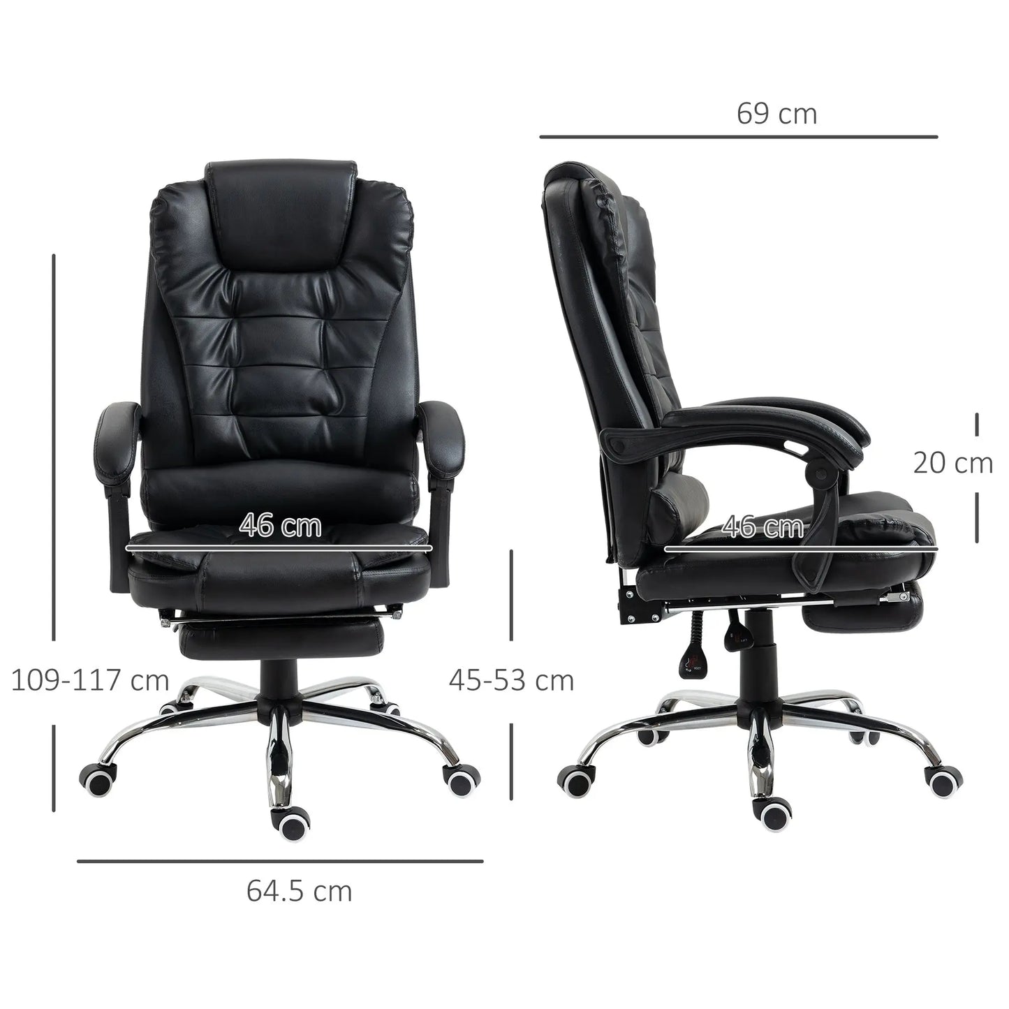 HOMCOM Ergonomic Presidential Office Chair in PU Leather, Swivel Office Chair with High Reclining Back 145, Adjustable Height and Pull-Out Footrest, color Black SS69