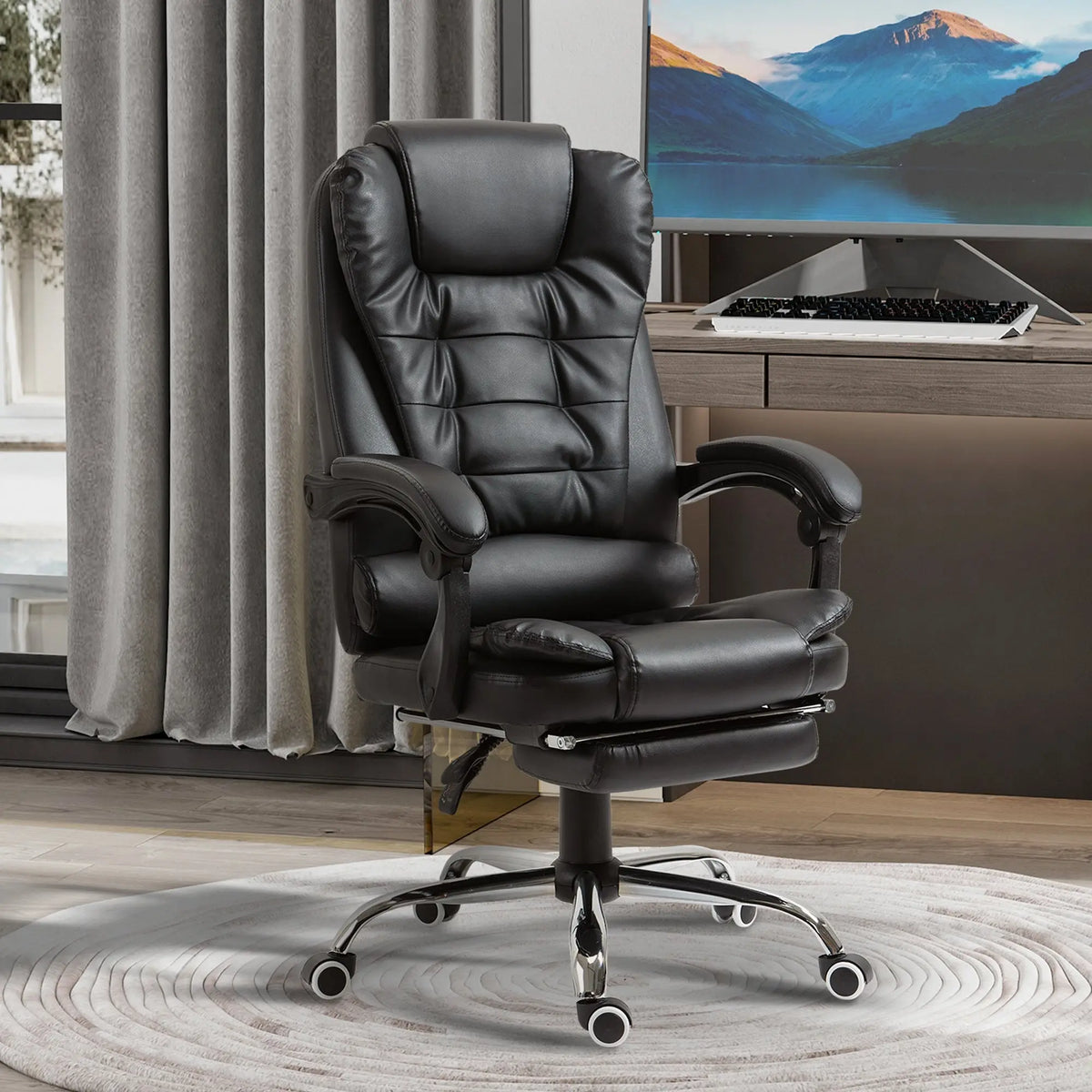 HOMCOM Ergonomic Presidential Office Chair in PU Leather, Swivel Office Chair with High Reclining Back 145, Adjustable Height and Pull-Out Footrest, color Black SS69 144.69 Black