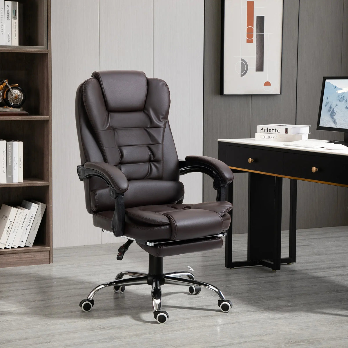 HOMCOM Ergonomic Presidential Office Chair in PU Leather, Swivel Office Chair with High Reclining Back 145, Adjustable Height and Pull-Out Footrest, color Black SS69