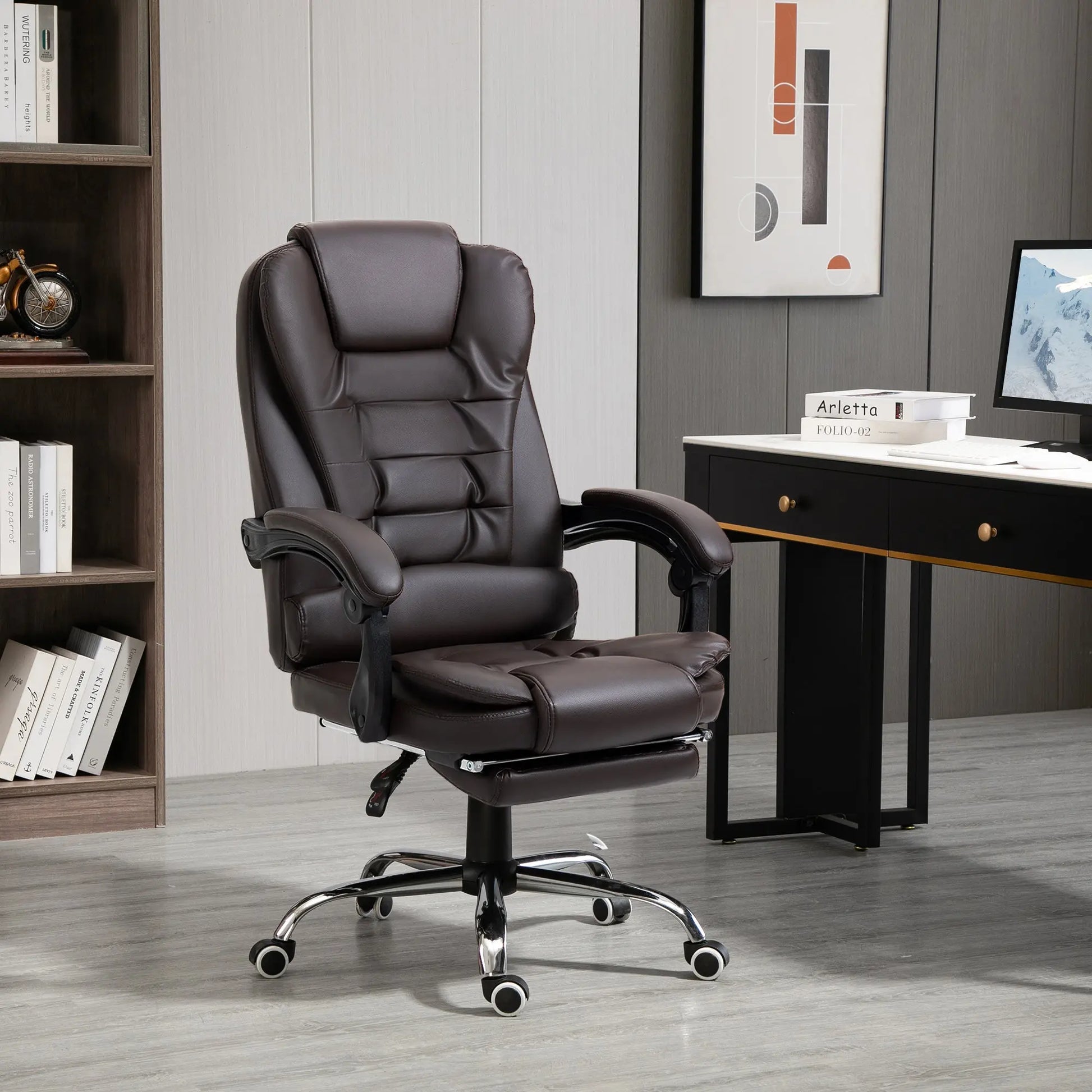 HOMCOM Ergonomic Presidential Office Chair in PU Leather, Swivel Office Chair with High Reclining Back 145, Adjustable Height and Pull-Out Footrest, color Black SS69