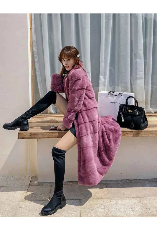 HDHOHR 2025 Real Whole Mink Fur X-Long Coat Factory Direct Sale Winter Slim Warm Female Mink Fur Long Turn-down Collar Jacket