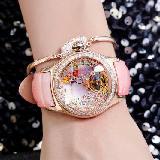 Reef Tiger/RT Womens Luxury Fashion Watches Diamond Automatic Tourbillon Watch Leather Strap Watch Relogio Feminino RGA7105 SS69