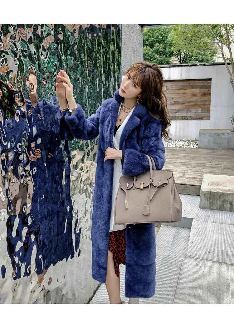 HDHOHR 2025 Real Whole Mink Fur X-Long Coat Factory Direct Sale Winter Slim Warm Female Mink Fur Long Turn-down Collar Jacket
