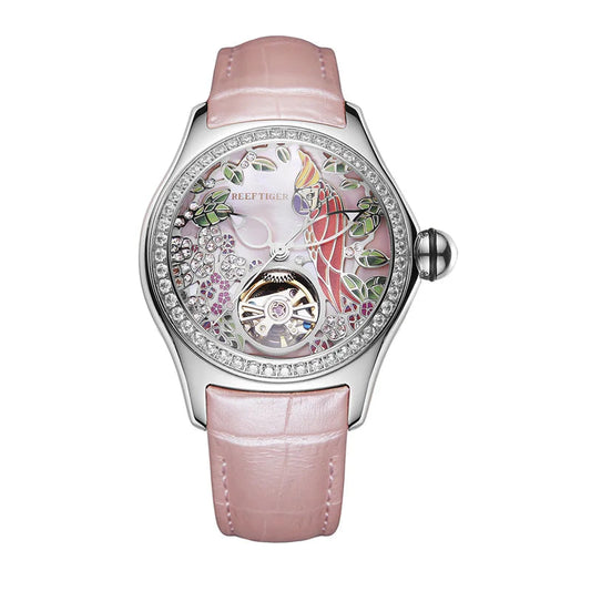 Reef Tiger/RT Womens Luxury Fashion Watches Diamond Automatic Tourbillon Watch Leather Strap Watch Relogio Feminino RGA7105 SS69