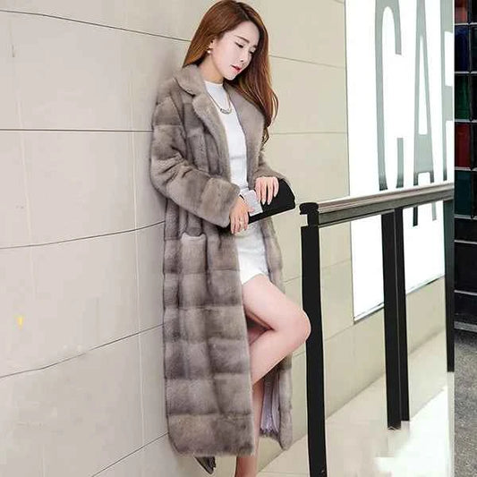 HDHOHR 2025 Real Whole Mink Fur X-Long Coat Factory Direct Sale Winter Slim Warm Female Mink Fur Long Turn-down Collar Jacket