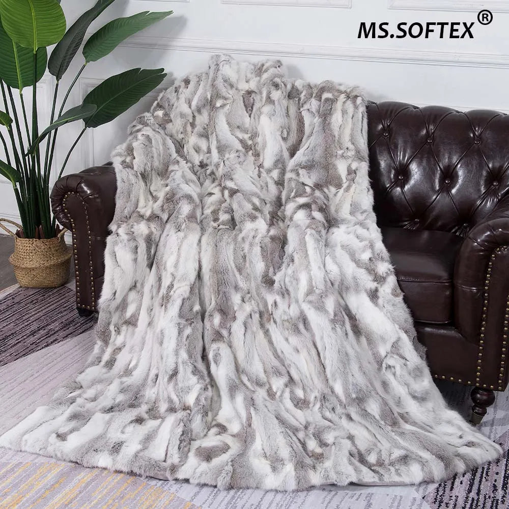 MS.Softex Handmade Rabbit Fur Patchwork Throw Blanket with Suede Back