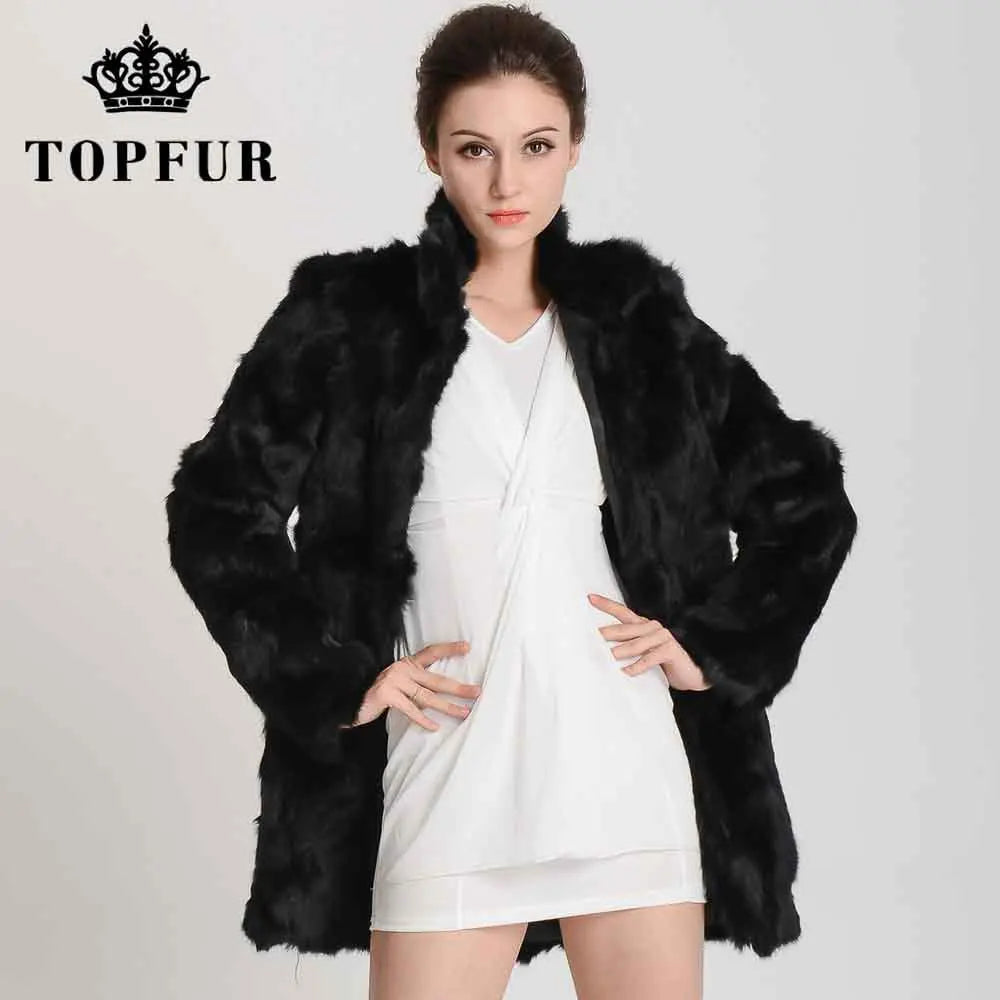 TONFUR Women's Real Rabbit Fur Coat Mandarin Collar Long Winter Jacket