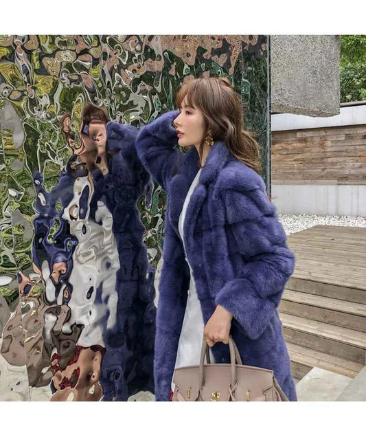 HDHOHR 2025 Real Whole Mink Fur X-Long Coat Factory Direct Sale Winter Slim Warm Female Mink Fur Long Turn-down Collar Jacket