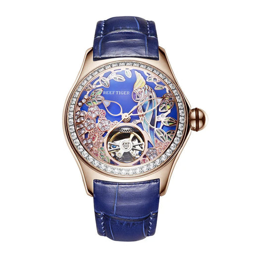 Reef Tiger/RT Womens Luxury Fashion Watches Diamond Automatic Tourbillon Watch Leather Strap Watch Relogio Feminino RGA7105 SS69 225.69 RGA17105-PLL