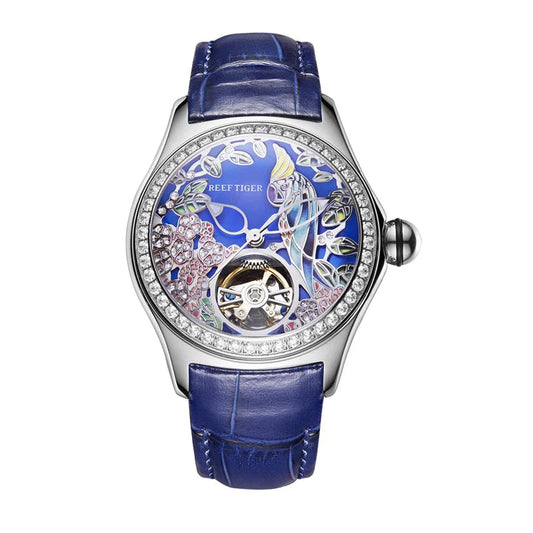 Reef Tiger/RT Womens Luxury Fashion Watches Diamond Automatic Tourbillon Watch Leather Strap Watch Relogio Feminino RGA7105 SS69 222.69 RGA17105-YLL