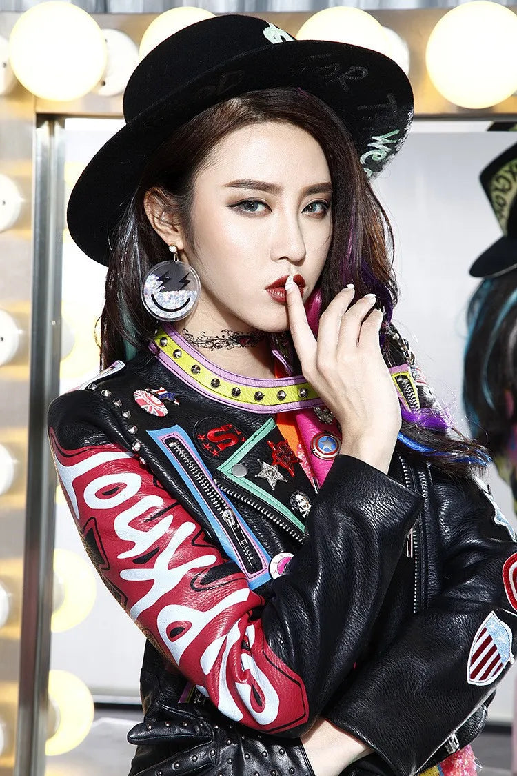 6XL Fashion Autumn Women Punk Heavy Metal Street Short Leather Jacket Black Zipper Rivet Long Sleeve Motorcycle coat W1525 SS69