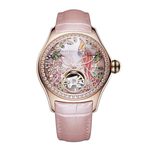 Reef Tiger/RT Womens Luxury Fashion Watches Diamond Automatic Tourbillon Watch Leather Strap Watch Relogio Feminino RGA7105 SS69 219.69 RGA17105-PPP