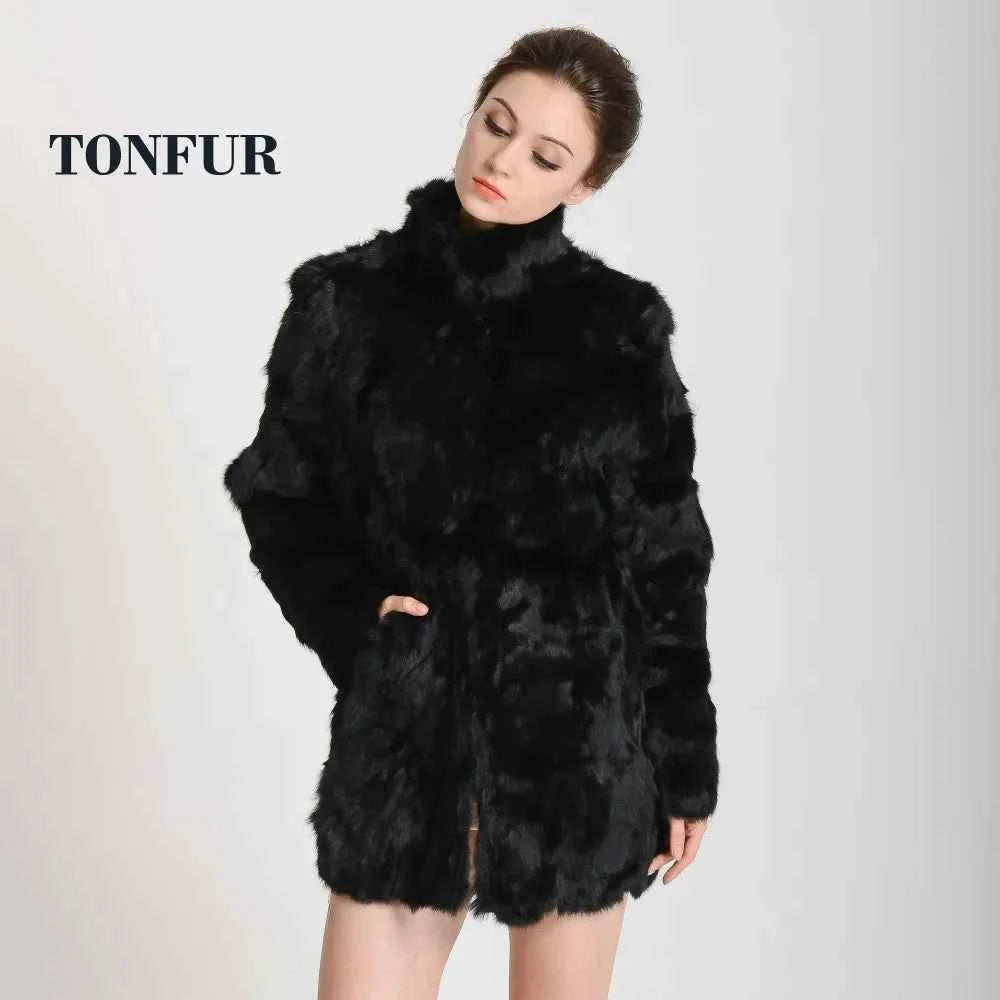 New Women Fashion Real Rabbit Fur Coat Mandarin Collar Natural Fur Jacket Long Customize Female Dropshipping Overcoat  HP147
