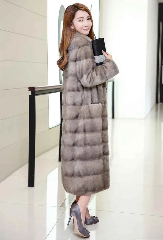 HDHOHR 2025 Real Whole Mink Fur X-Long Coat Factory Direct Sale Winter Slim Warm Female Mink Fur Long Turn-down Collar Jacket