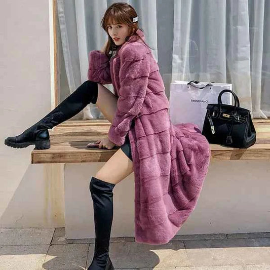 HDHOHR 2025 Real Whole Mink Fur X-Long Coat Factory Direct Sale Winter Slim Warm Female Mink Fur Long Turn-down Collar Jacket