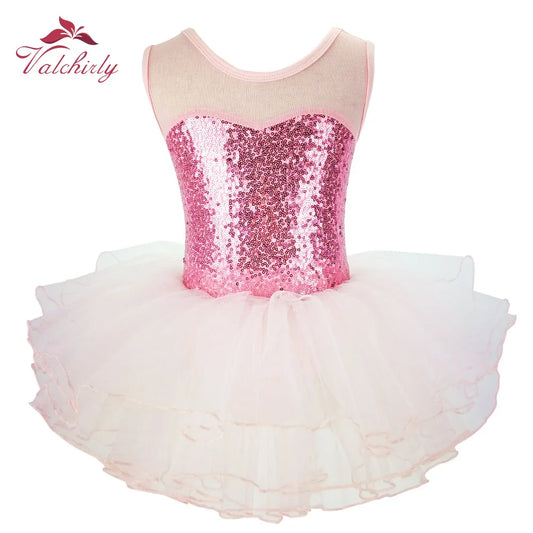 Valchirly Girls Sequined Ballet Tutu Dress with 4-Layer Tulle Skirt