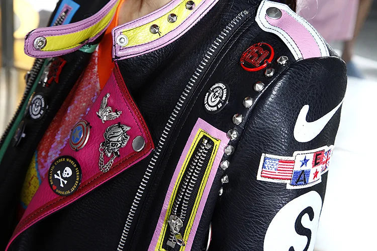 6XL Fashion Autumn Women Punk Heavy Metal Street Short Leather Jacket Black Zipper Rivet Long Sleeve Motorcycle coat W1525 SS69