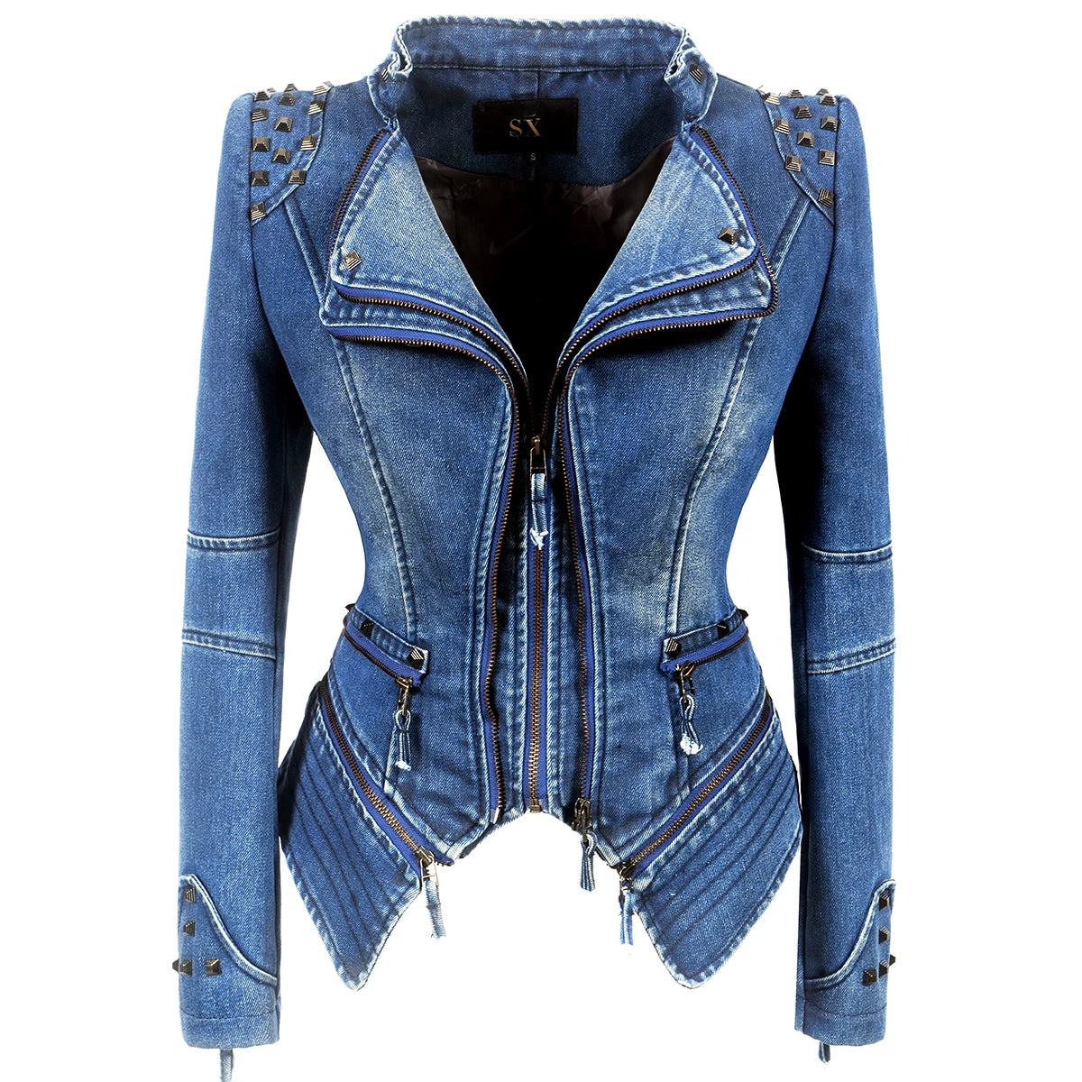 SX women 2019 spring autumn denim rivet punk Short Slim fit jacket motorcycle Windbreaker zipper outerwear SS69