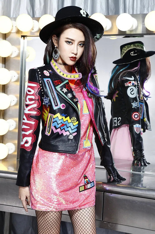 6XL Fashion Autumn Women Punk Heavy Metal Street Short Leather Jacket Black Zipper Rivet Long Sleeve Motorcycle coat W1525 SS69